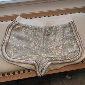 MLV Hand-Beaded White “Gryffin” Sequin Shorts